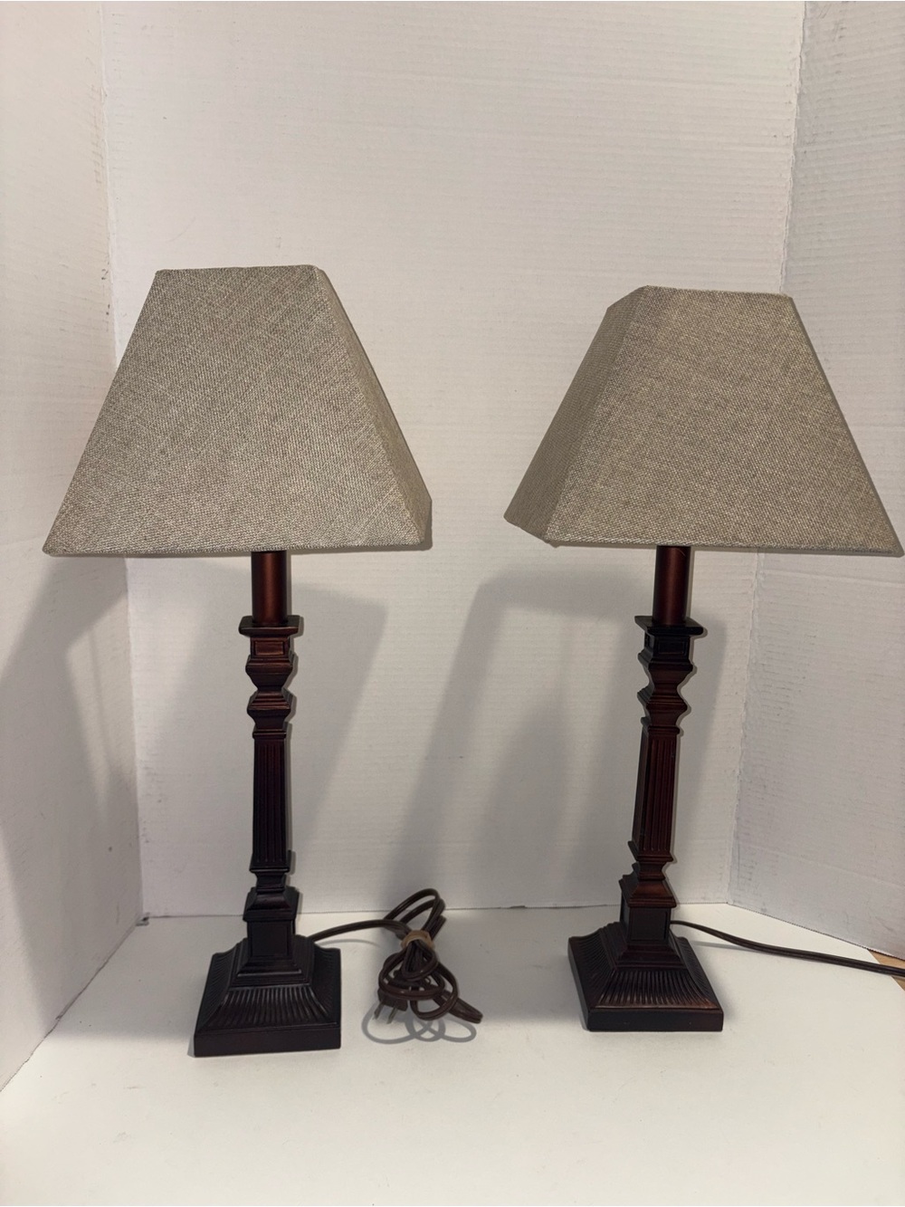 Pair of Brown Column Table Lamps with Beige Shades